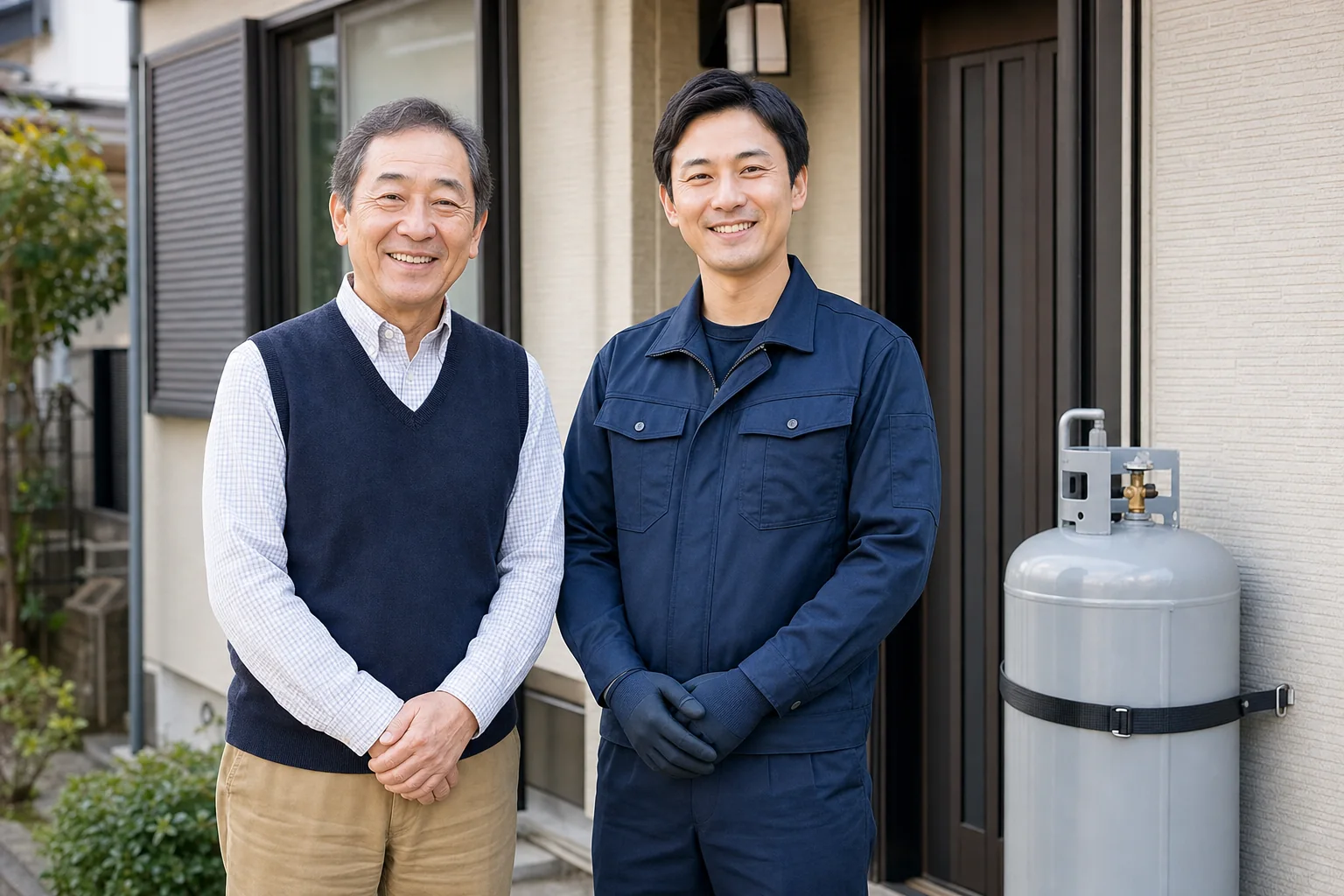 ガスボンベ回収後に自宅前で笑顔を見せるお客様とスタッフ