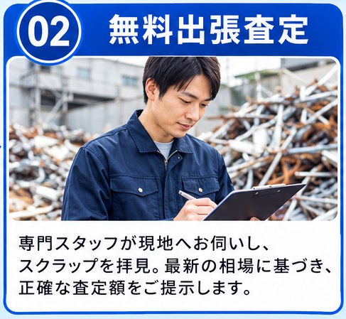 02 無料出張査定。専門スタッフが現地へお伺いし、スクラップを拝見。最新の相場に基づき、正確な査定額をご提示します。