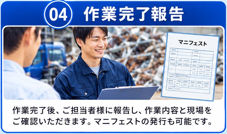 04 作業完了報告。作業完了後、ご担当者様に報告し、作業内容と現場をご確認いただきます。マニフェストの発行も可能です。