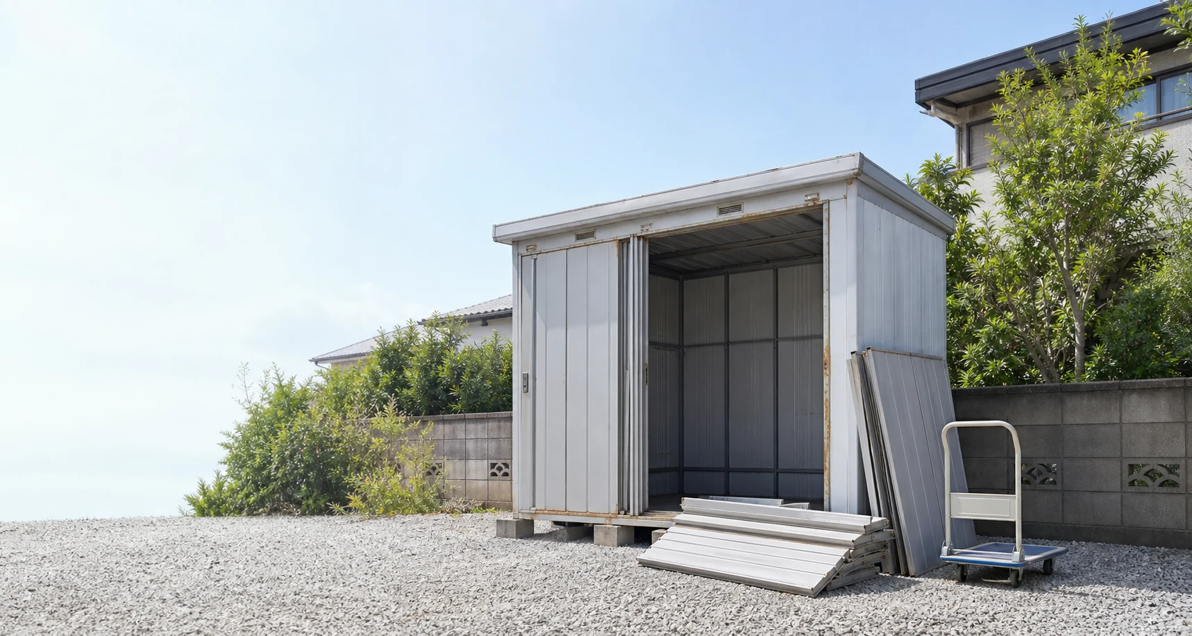住宅の庭に設置されたスチール物置の解体作業イメージ