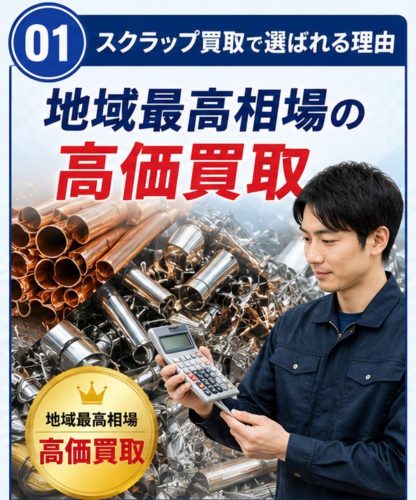 01 地域最高相場の高価買取。金属の種類や状態を正確に査定し、相場に基づいた最高値をご提案。処分コストを収益に変えます。