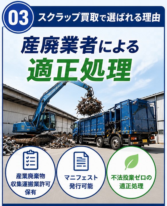 03 産廃業者による適正処理。産業廃棄物収集運搬業許可をもつ安心の業者です。マニフェストも発行可能で、不法投棄ゼロの適正処理をお約束します。